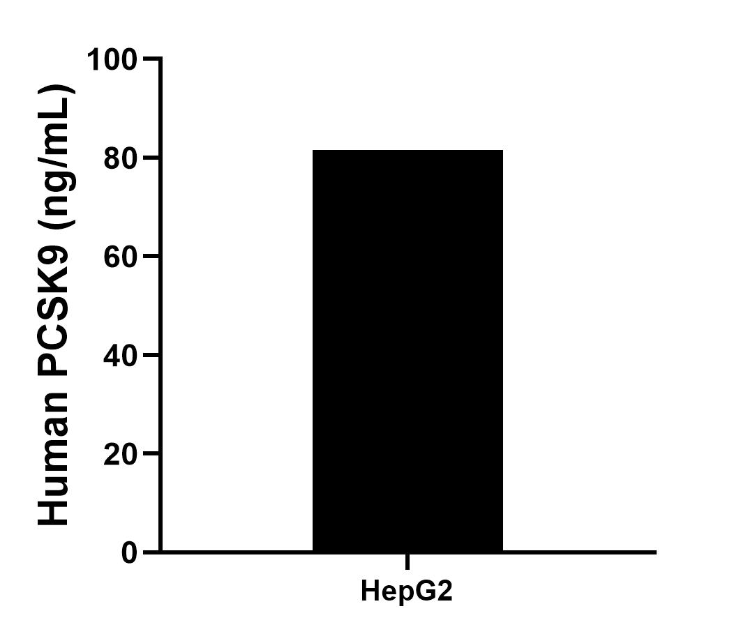 HepG2 were cultured in DMEM supplemented with 10% fetal bovine serum, 2.5 mM L-glutamine, 100 U/mL penicillin, and 100 μg/mL streptomycin sulfate. An aliquot of the cell culture supernate was removed, assayed for human PCSK9, and measured 81.6 ng/mL.